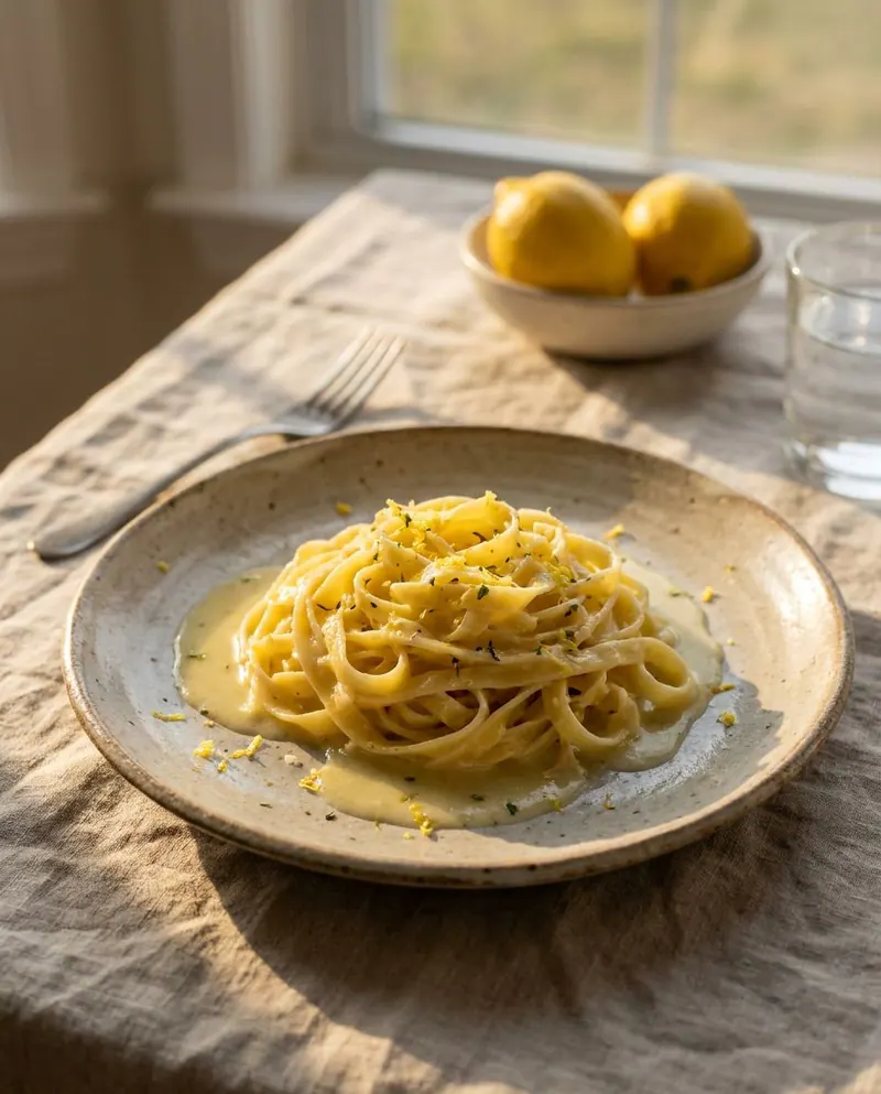 Tagliolini in cremiger Zitronensauce mit Zitronenabrieb auf Keramikteller, Leinentischdecke, Zitronen und Wasserglas im Fenstersonnenlicht