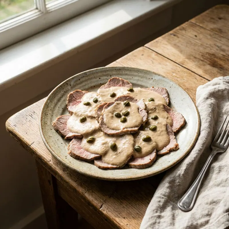 Vitello tonnato mit Kapern auf einem Keramikteller, der auf einem rustikalen Holztisch am Fenster steht, daneben Leinentuch und Gabel