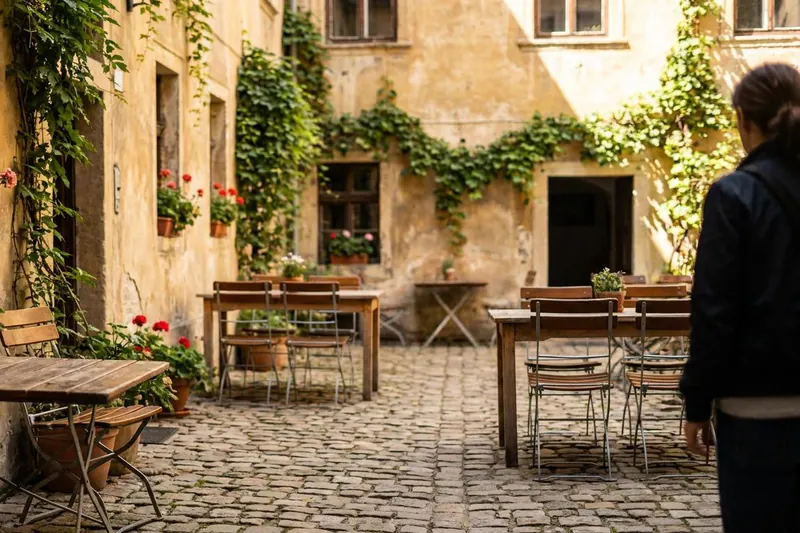 Sonniger Altstadt-Innenhof mit Holztischen und Klappstühlen, Kopfsteinpflaster, Efeu an ockerfarbenen Mauern und roten Geranien